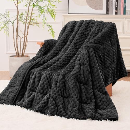Super Fuzzy Soft Fleece Sherpa Weighted Blanket 20 lbs for Adults, 3D Imitation Turtle Shell Luxury Weighted Throw for Better Sleep, Dual Sided Cozy Heavy Blankets for Couch Bed, Black, 60" x 80"