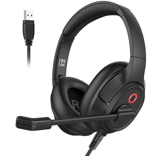 Headset with Microphone for PC, USB Computer Headsets AI-Powered Environmental Noise Cancelling Headphone with Busylight, Mic Mute Boom & Volume Control, Wired Over-Ear Headset for Laptop/Work/Office