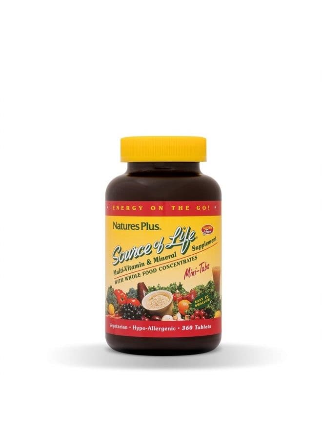 NaturesPlus Source of Life Mini-Tabs - 360 Vegetarian Mini Tablets - Easy to Swallow Whole Foods Multivitamin Supplement with Chelated Minerals, Energy Booster - Gluten-Free - 60 Servings