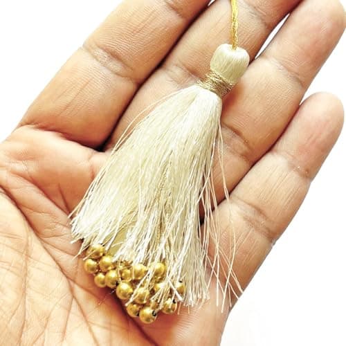 Adikala Pack of 10 Fancy Silk Tassels with Zari Bead Thread Latkan for Perfect Embellishments for Suit, Kurti, Gown, Saree, Blouse, Dupatta, Lehenga & Jewelry, DIY Art & Craft 10CM (Cream)