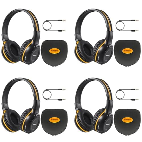 SIMOLIO 4 Pack IR Car DVD Player Headphones for Kids, Wireless Infrared Headphones for Honda Pilot, uConnect, Cadillac Escalade, Suburban, 2 Channel Van Headset, Foldable & Hard EVA Case & Aux Cord