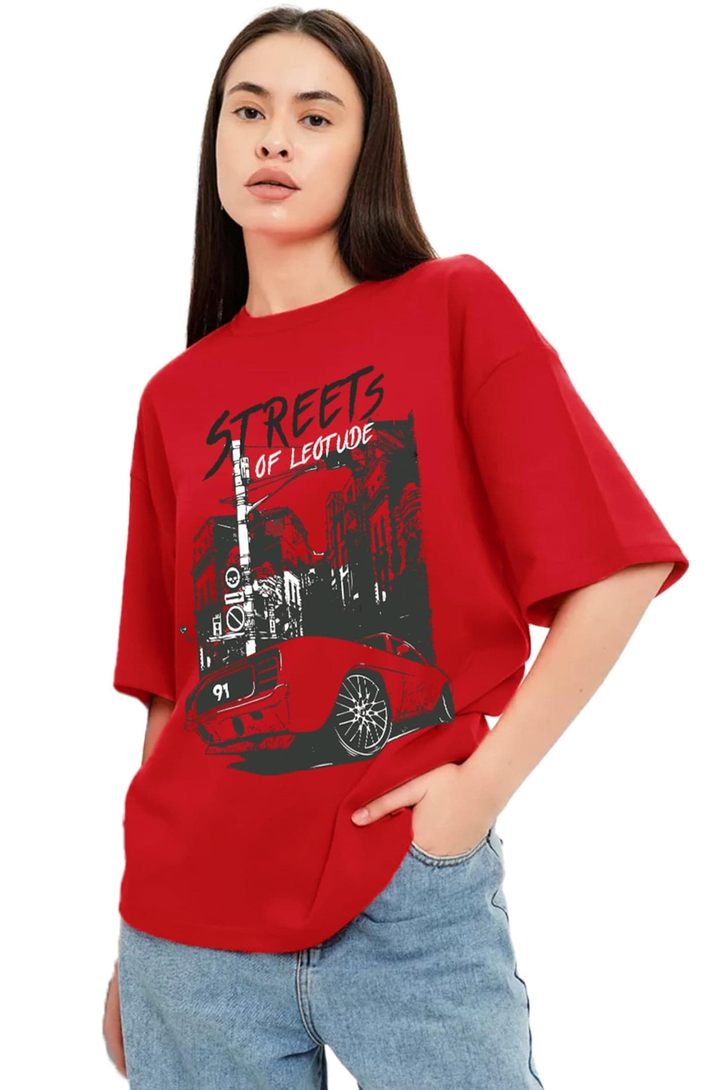 LEOTUDE Womens Oversized Round Neck Cottonblend Half Sleeve T-Shirts (GRL_FS49_Street_RED_P_Red_2XL)