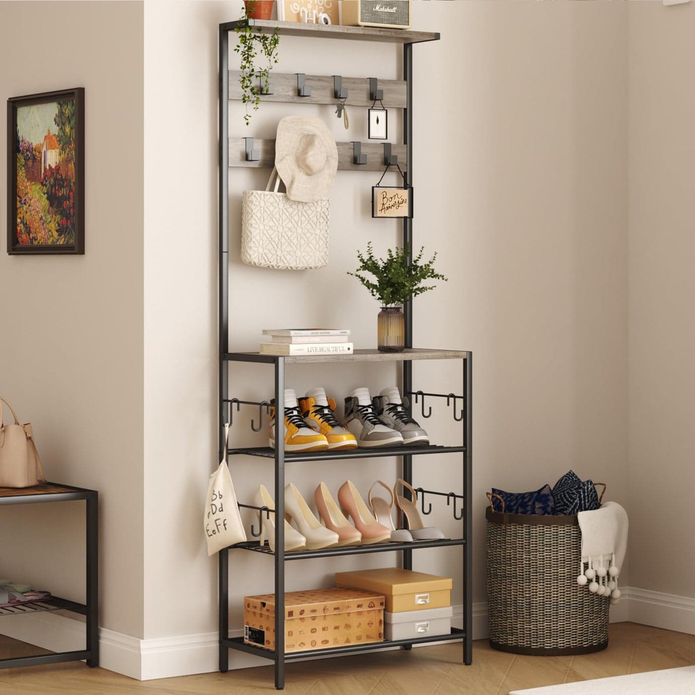 HOMEFORT Coat Rack with Shoe Storage 5Tier Shoe and Coat Rack with 9 Clothes Hooks Freestanding Hall Tree Organizer for Entryway BedroomGrey