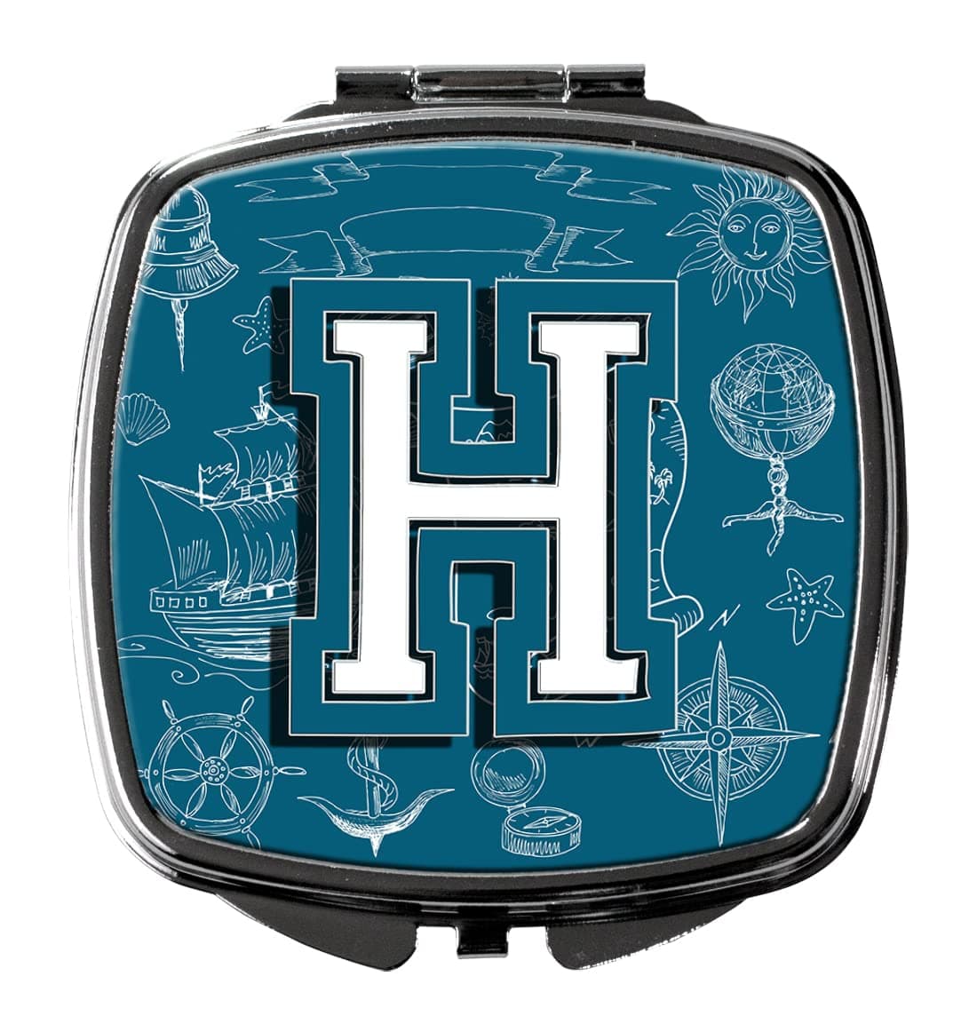 Caroline's Treasures CJ2014-HSCM Letter H Sea Doodles Initial Alphabet Compact Mirror Decorative Travel Makeup Mirror for Women Girls Gifts Pocket Makeup Mirror Folding Handheld