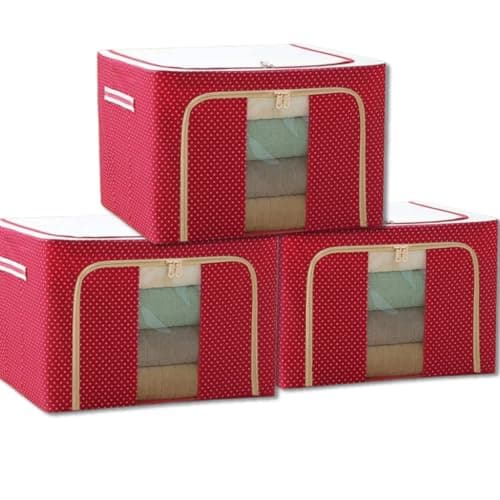 Raggle 3 PCS polycotton Clothes Storage Organizer Bins, Foldable Storage Bins-Cloth Steel Frame Storage Box with Foldable Clear Window & Reinforced Handles (Red, 66L-3)