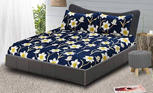 FRESH FROM LOOM 144 TC Hypo-Allergenic Microfiber King Bedsheet for Double Bed|Wrinkle Free Floral Design Bed Spread|2 Pillow Covers|Bedsheets/Bedcover (90x90 Inches|Royal Blue Color)