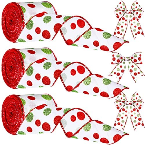 Xinnun 3 Rolls Christmas Wired Ribbon 18 Yards Red Green Glitter Dot and Stripe Burlap Ribbon with Wired Edge for DIY Crafts Holiday Decor Xmas Tree and Gift WrappingClassic Pattern