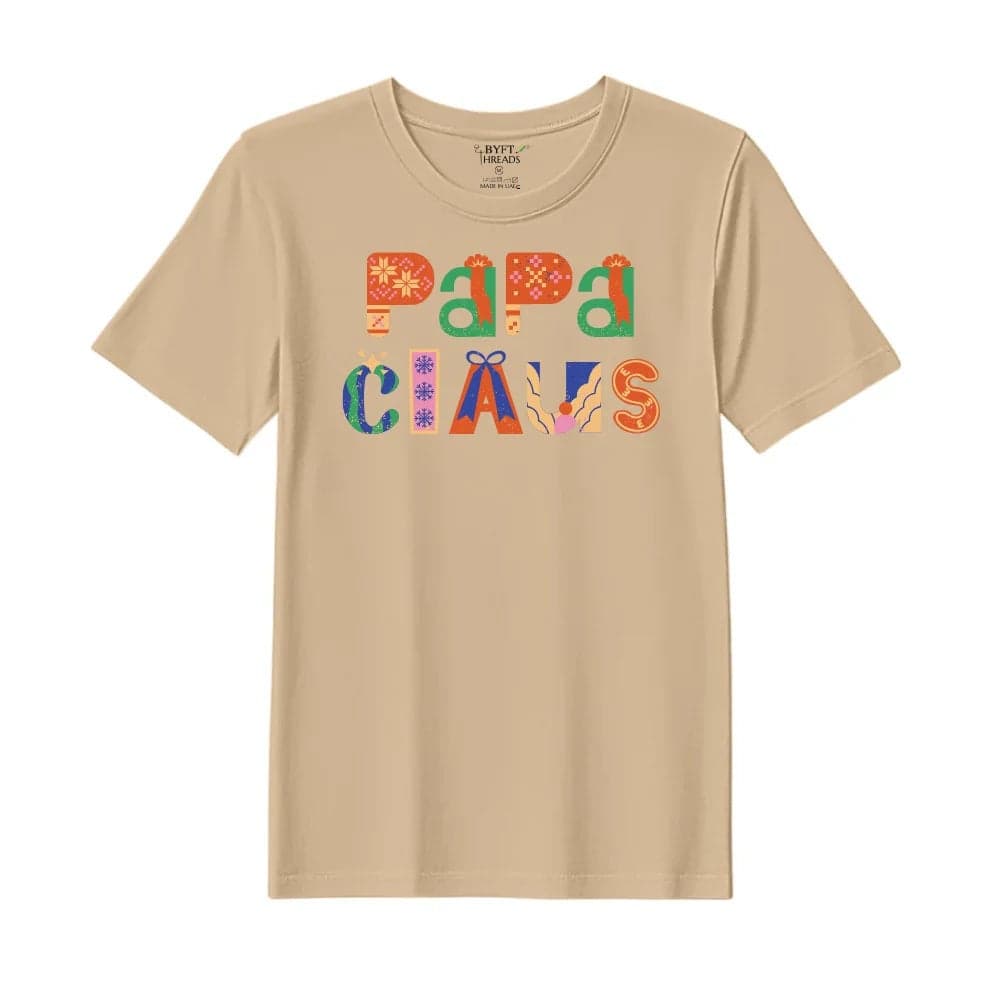 BYFT Threads Large Beige Polycotton T-Shirt - Christmas "Papa Claus" Printed Design, Premium Holiday Collection