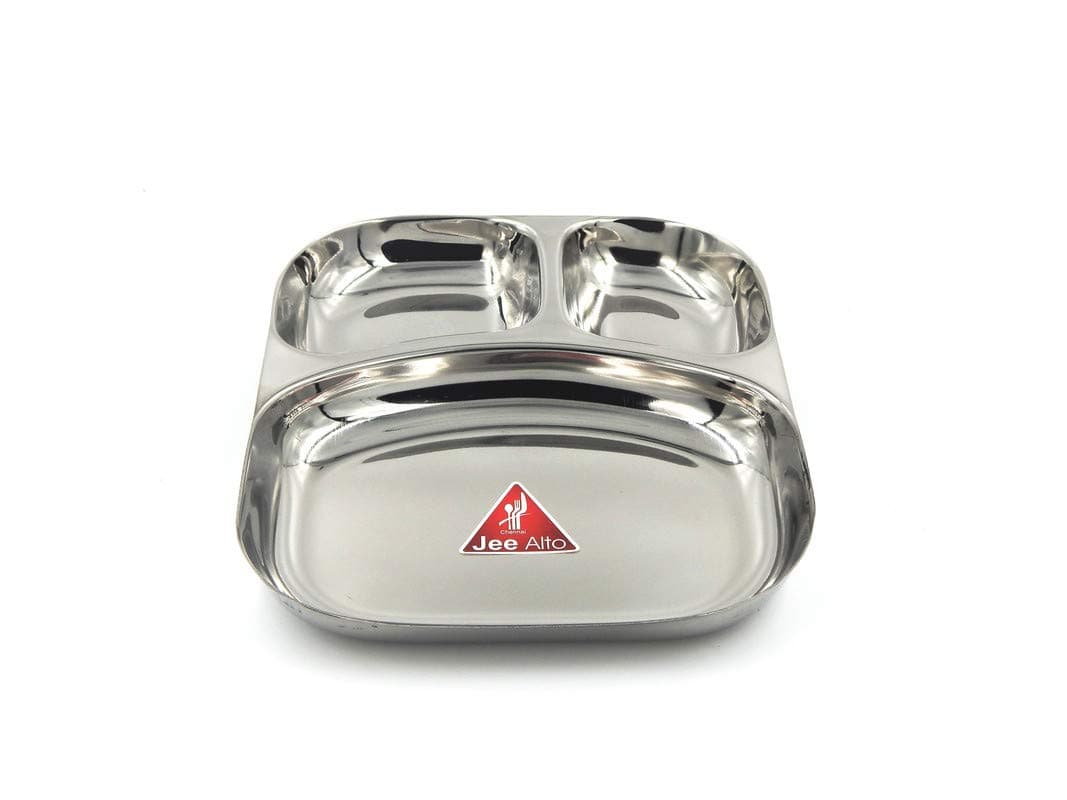 JEE ALTO 20 Gauge Heavy Duty 2 in 1 Stainless Steel Kitchen and Dining Round Deep Compartment Divided Plate/Thali/Mess Tray Set, 23.5 x 19 x 2.6 cm, Silver_Set of 1
