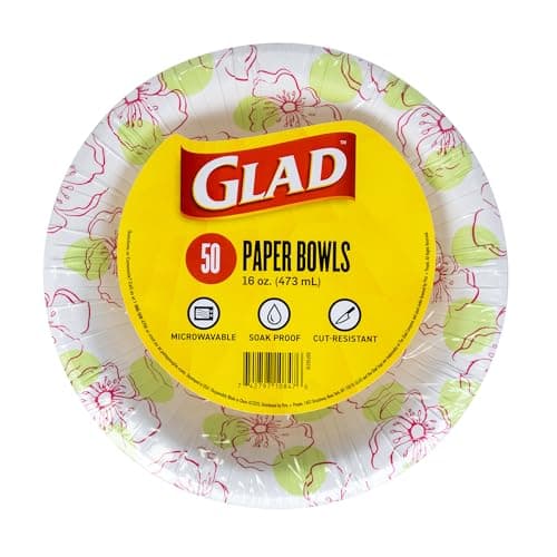 Glad Round Disposable Paper Bowls, Pink Flower Design - Heavy Duty, Soak-Proof, Cut-Resistant, Microwavable Paper Bowls for All Foods, Daily Use, and Special Occasions, 16 oz, 50 Count