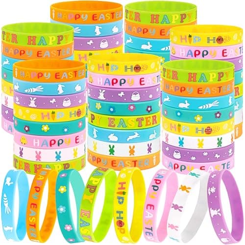Moon Boat 74pcs Easter Basket Stuffers Wristbands for Kids Egg Fillers Bulk Rubber Wristband Gifts Party Favors for Boys Girls