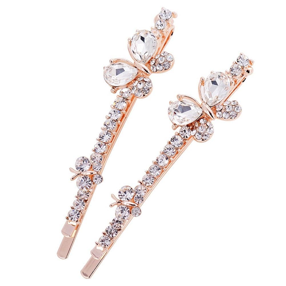 Ruihfas 1 Pair Fashion Women Girls Crystal Rhinestone Hairpins Double Butterfly Design Hair Pins Clips Barrettes Headdress White