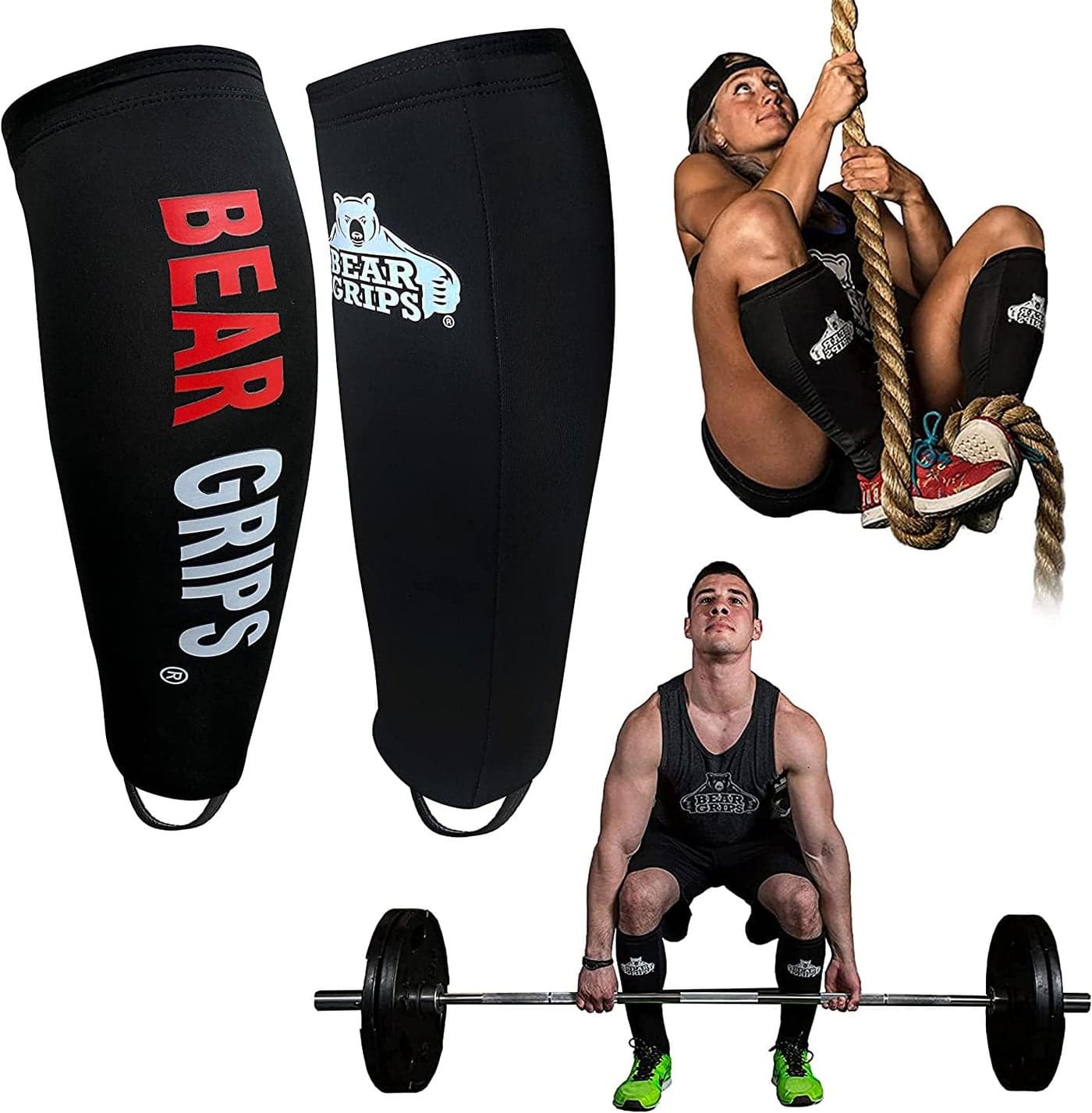 Bear Grips Deadlift Shin Guards - Gym Equipment Rope Climbing Shin Guard for Men and Women - Injury Prevention Calf Support Shin Guard Sleeves for Ultimate Shin Protection (Black, Large)