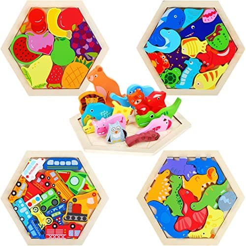 5 Pack Wooden Tangram Puzzle for Kids Wooden Hexagon Puzzle Block Teaser Geometric Shapes Tangram Games for Jigsaw 3D Logic IQ Game GiftCute