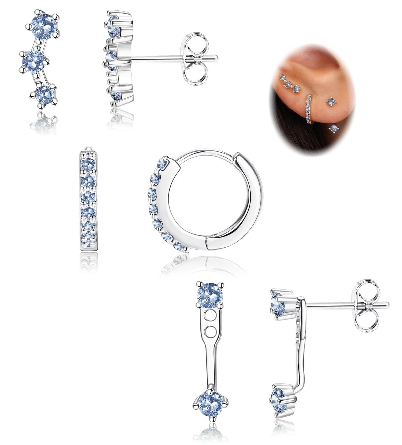 FIASASO 3 Pairs 925 Sterling Silver Hypoallergenic Earrings for Women Trendy - 14K Gold Plated Stud Hoop Cartilage Earrings Set Small Earring Stacks for Sensitive Ears Non Tarnish Dainty Silver Earring
