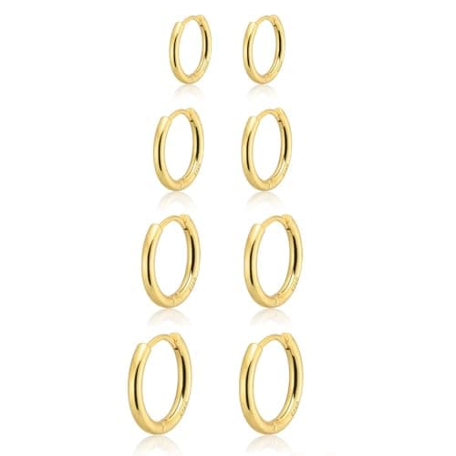 Gokeey Gold Earrings for Women Men, 14k Gold Plated Hypoallergenic Small Hoop Earrings Jewelry, Gold Huggie Hoops Earrings Set Lightweight Cartilage Earrings Gifts 4 Pair