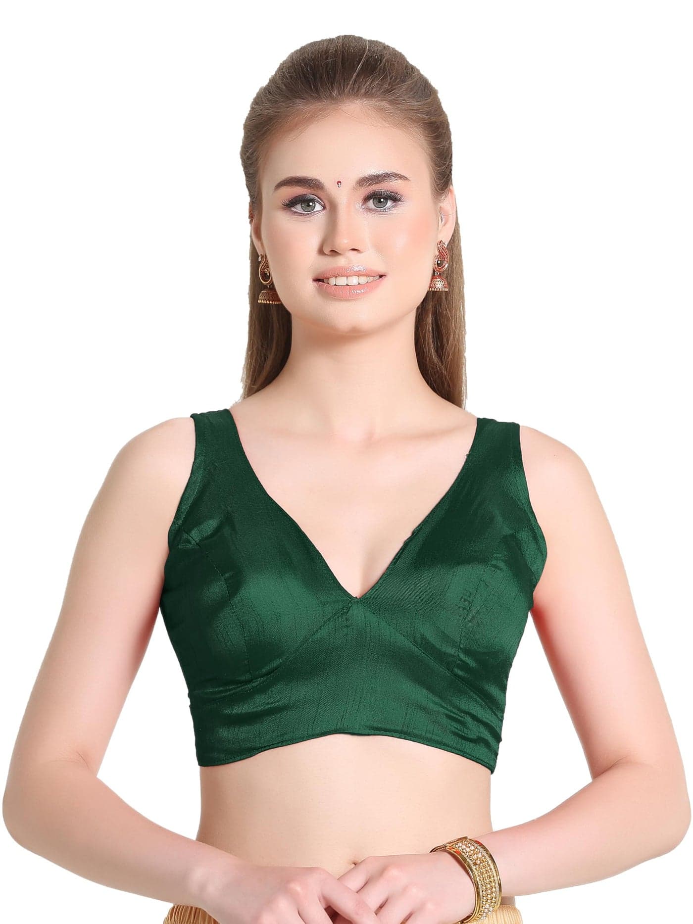 Pujia Mills Women's Dupion Raw Silk Sleeveless V Neck Sabyasachi Cut Readymade Saree Blouse Padded Stitched
