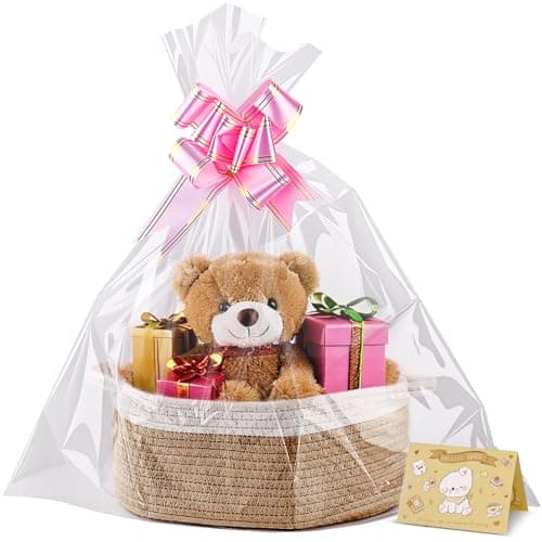 Boensi Small Woven Basket 12 x 8 x 5 Gift Basket Empty with Ribbon and Gift Bag Rope Basket for Baby Shower Holiday PresentsStorage Basket with Handle for NurseryPet Toy Basket WhiteKaki