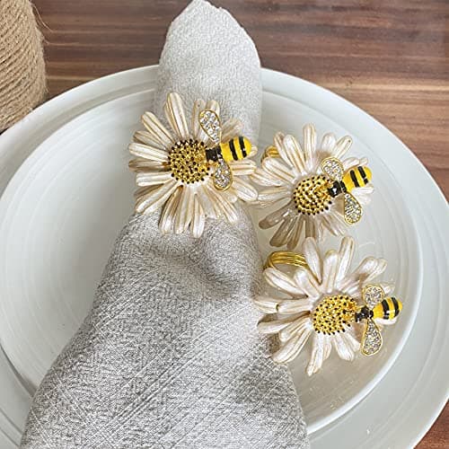 Dycica Set of 6 Bee Napkin Rings Modern Daisy Flower Napkin Holder Tablescape Table Place Setting Party Wedding Dining Decor Accessories (Cream)