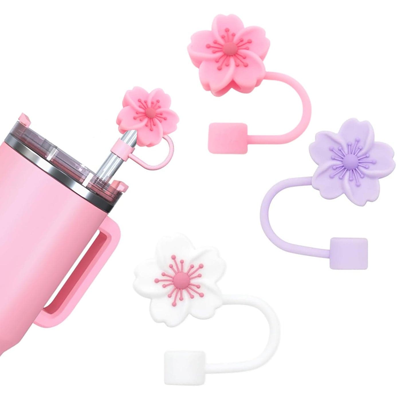 BTYHAOS Silicone Straw Caps for 10mm Tumblers | Reusable Dust-Proof Straw Toppers Compatible with Stanley 30oz & 40oz Tumblers (Purple Flower 3pc)