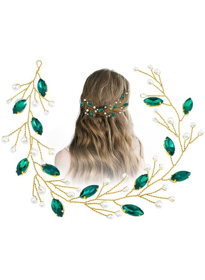Green Pearl Crystal Bride Headband with Green Leaf Headpiece, Rhinestone Gold Jewelry Hair Vine for Women