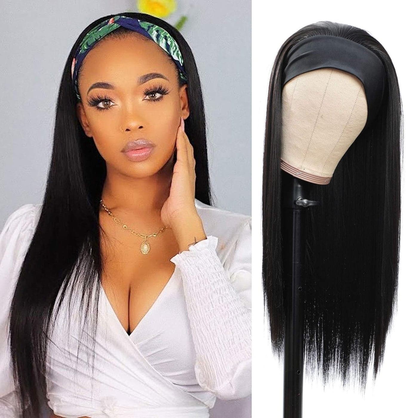 GT Headband Wig for Women Black Straight Synthetic Headband Wig Glueless Heat Resistant Natutal Looking for Daily Party Use 24 Inch
