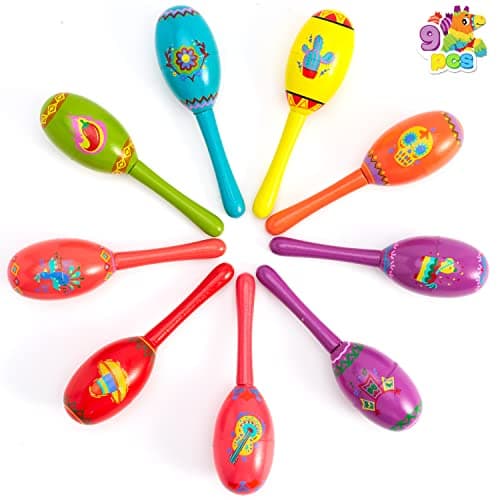JOYIN 9 Pcs Fiesta Wooden Maracas 9 Designs Noisemaker for Cinco De Mayo Party Favors Mexican Musical Fun Carnivals Taco Tuesday Event Mexican Decorations Luau Party