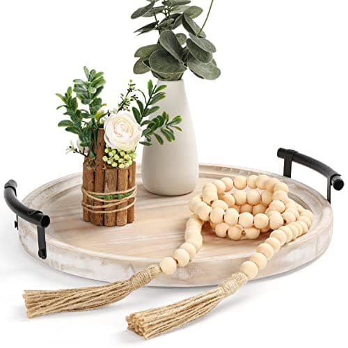 Round Wood Tray/w Wood Bead Garland - 13" Decorative Trays for Home Decor - Round Wooden Tray with Handles - Circle Trays for Home Decor