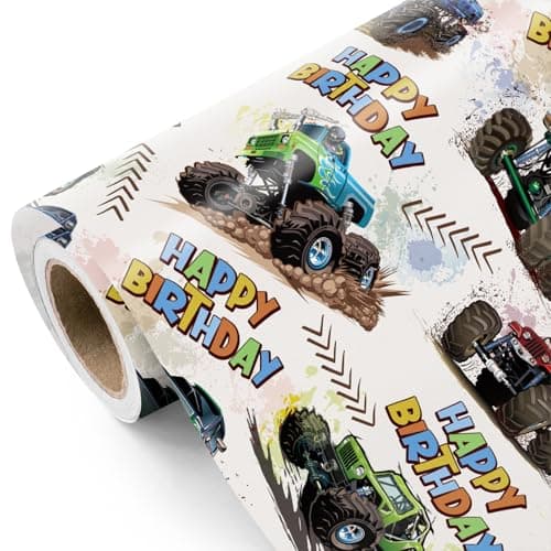 WRAPAHOLIC Monster Truck Birthday Wrapping Paper Roll Mini Roll 17 Inch x 98 Feet Happy Birthday Monster Truck Wrapping Paper Perfect for Kids Boys Baby Shower