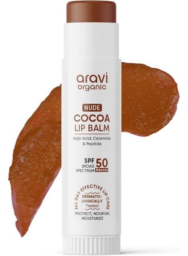 Aravi Organic Cocoa Nude Lip Balm SPF 50 PA++++ | Brightening Lip Balm for Dark & Pigmented Lips | Kojic Acid & Ceramide | Hydrating For Dry, Chapped Lips | Soft Glossy Finish | Unisex | 5g