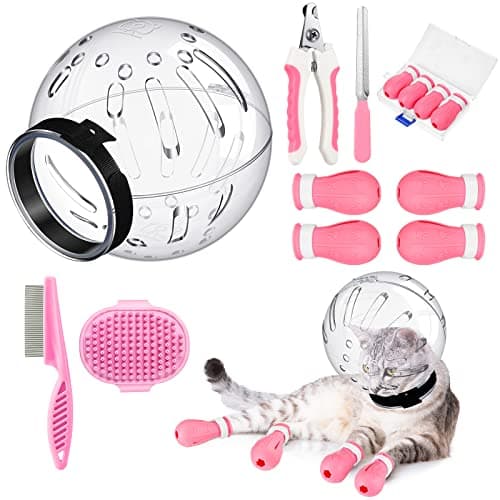 Cat Muzzle for Grooming Cat Adjustable Hood with Paw Covers Nail Clipper Trimmer Brush Tick Remover Tool Kitten Breathable Anti Bite Muzzles Silicone Anti Scratch Boots for Cats Bathing Shaving