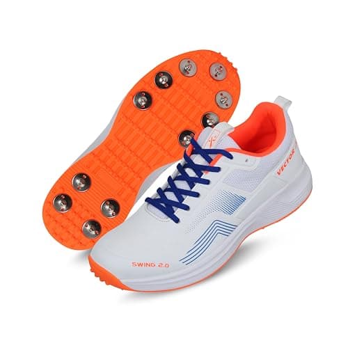 Vector X Swing 2.0 Metal Spike Cricket Shoes for Men & Boys Sports Shoes Lightweight Upper with TPU Fusing, EVA Midsole with Rubber Oustole, Practice/Professional (Whie-Orange) Size- 1