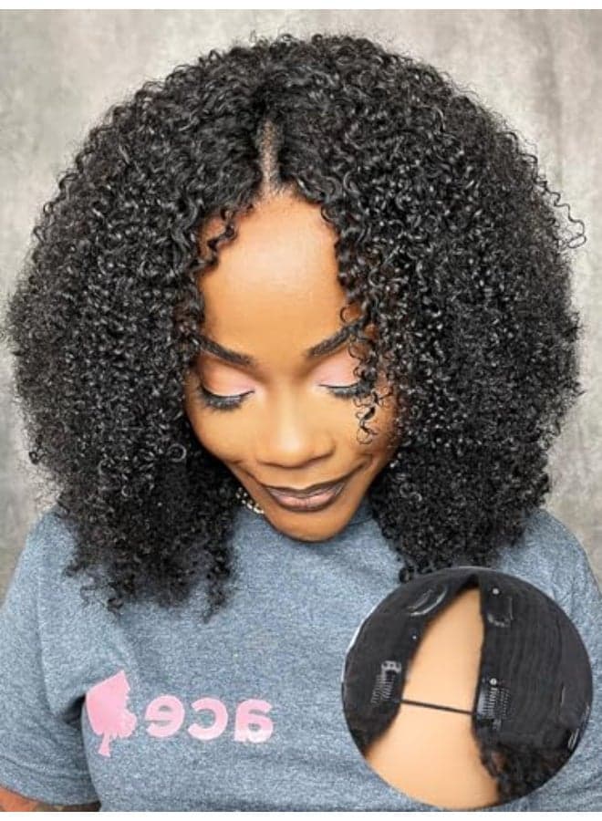 ISEE V Part Human Hair Kinky Curly MinimalNo Leave Out Upgrade U Part Wig for Black Women Human Hair V Shape Wig Kinky Curly Thin Part Glueless Clip In Half Wig 180 Density Natural Color 16 Inch