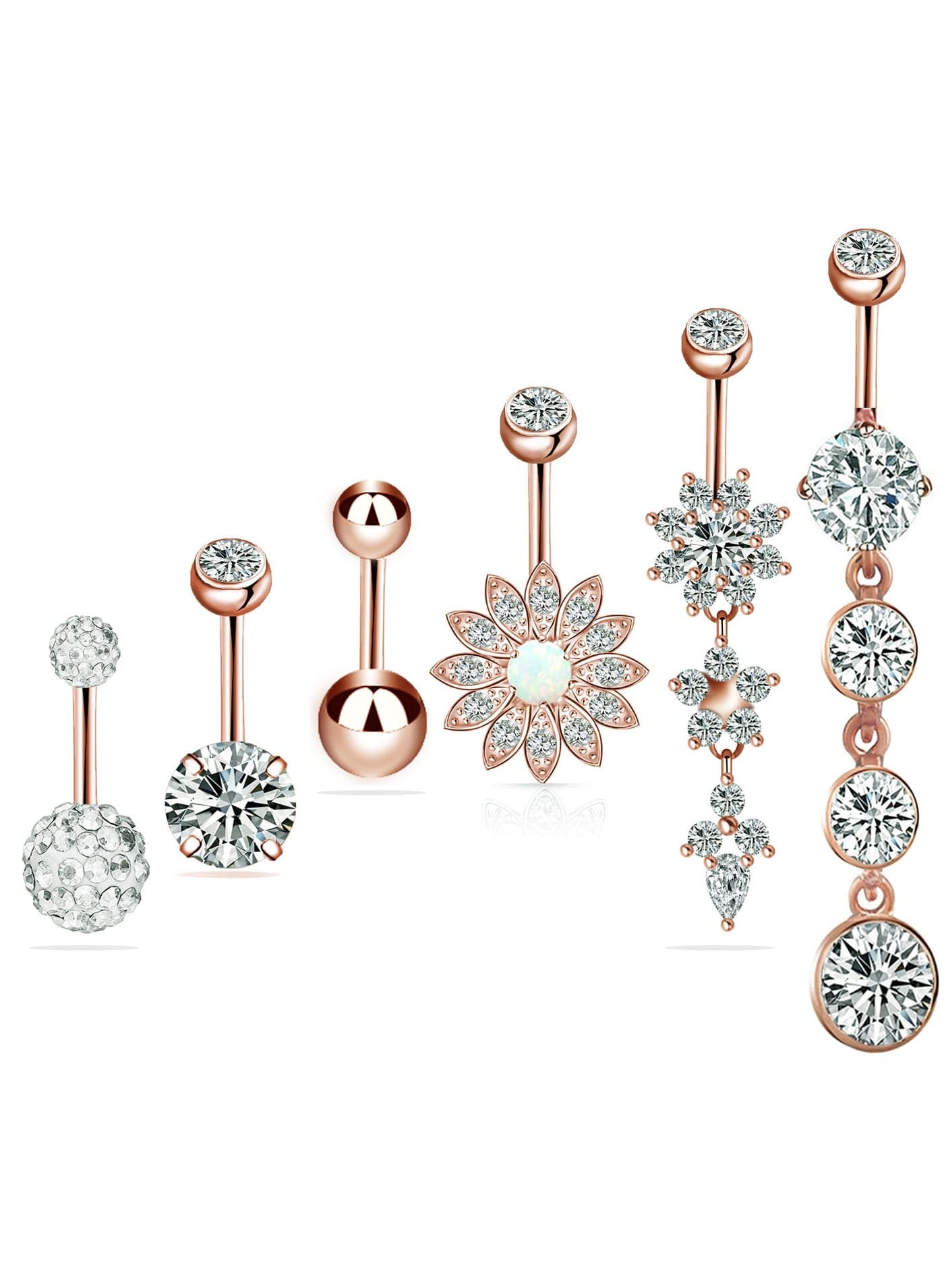 ORiTi 6pcs Belly Button Rings Stainless Steel Dangle Navel Barbells Set 14G for Women Girls Body Piercing Jewelry
