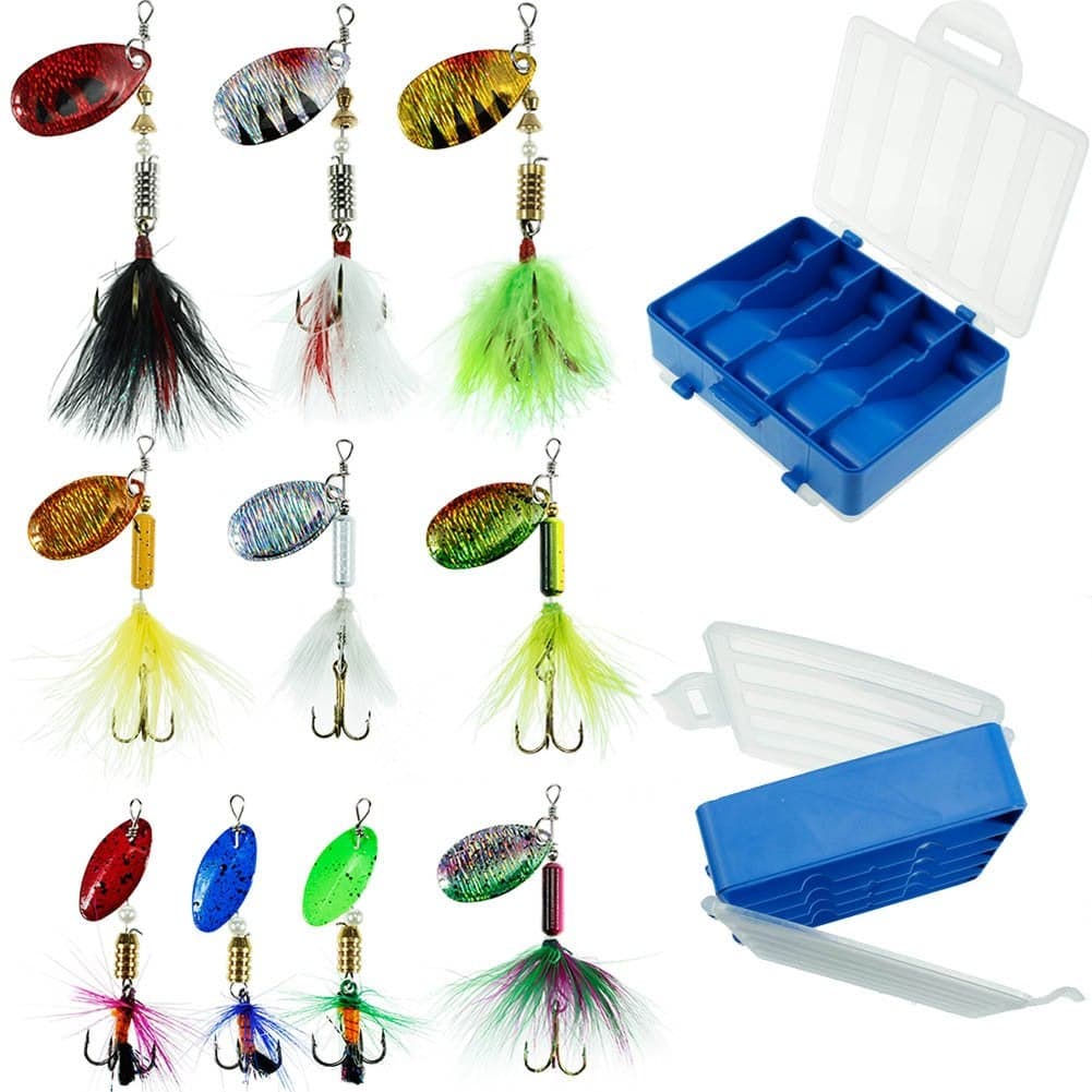Fishing Lures 10pcs Spinner Lures Baits with Tackle Box, Bass Trout Salmon Hard Metal Rooster Tail Fishing Lures Kit by FOUCECLAUS