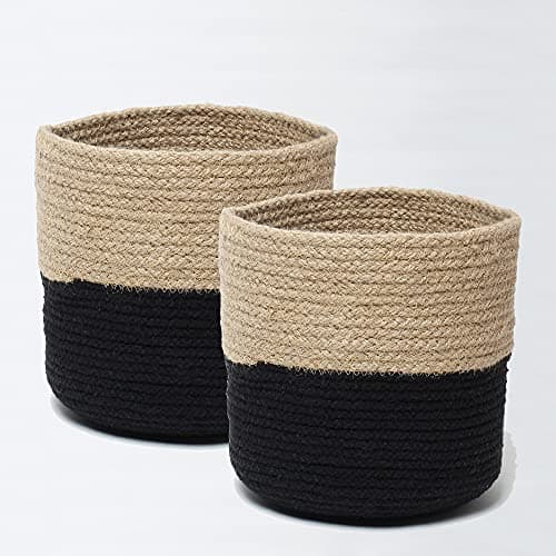 Habere India-All The Cultures Fabricating India Wardrobe Organizer | Jute Planter Baskets | Toy Organiser | Jute Storage Basket - Round, Black & Beige, 2 Piece Set (8 Inches)