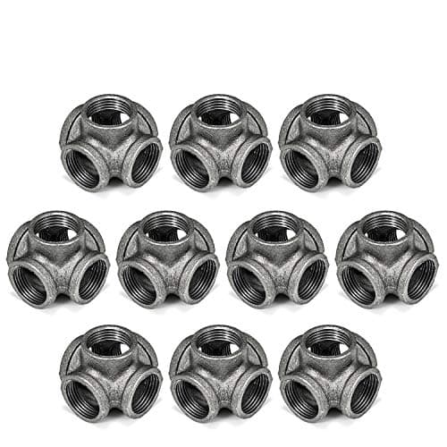 3/4" 5-Way Side Outlet Tee, Home TZH 10-Pack 5-Way Corner Gray Malleable Cast Iron Pipe Fitting for Industrial Pipe, Furniture and DIY Decoration (10, 3/4")