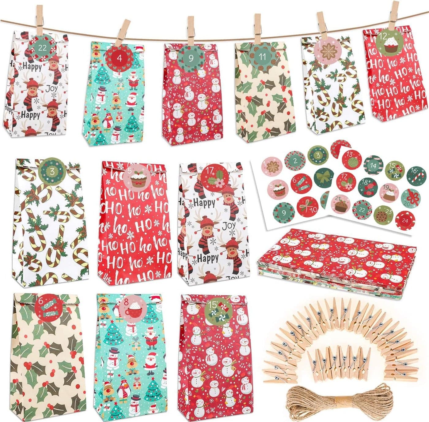 Konsait 24pcs Christmas Advent Calendar Bags Christmas Paper Bags DIY Advent Calendars to Fill Christmas Countdown Decorations with 124 Numbers Stickers Clips Rope