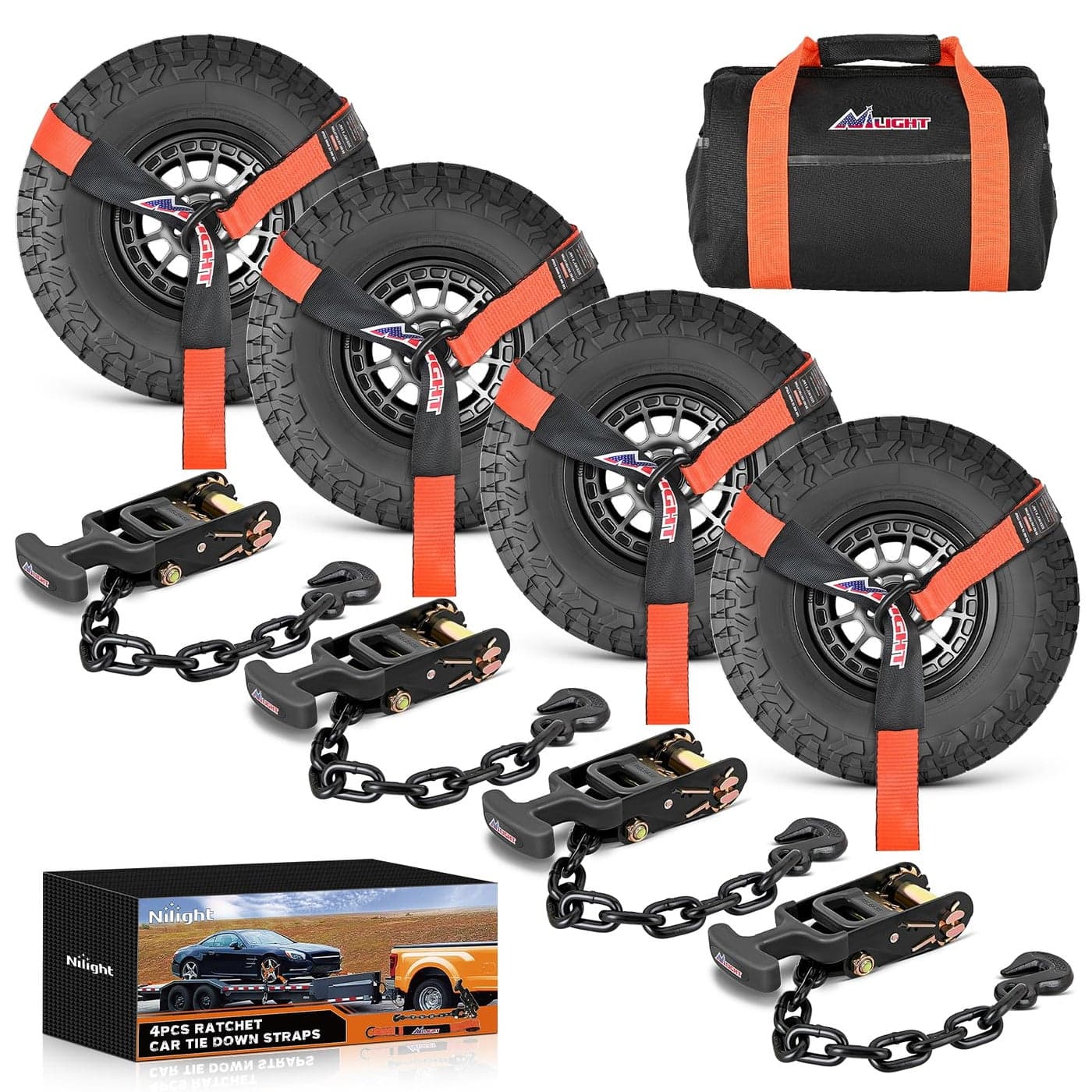 Nilight 4 Pack 2 x 96 Lasso Style Adjustable Wheel Straps with Chain Hook Anchors 3674 lbs Safe Working Load for Truck Cars UTV Orange Comes with Bag