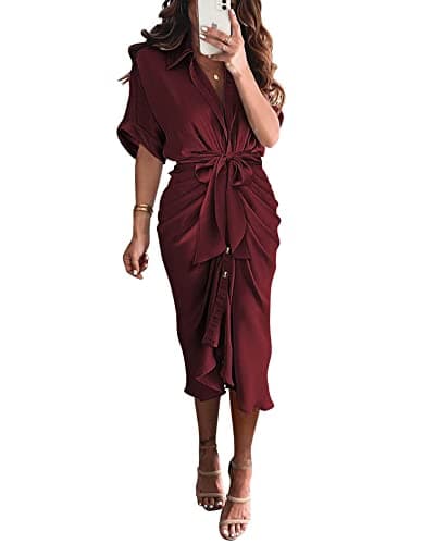 BTFBM Women Button Down Ruched Shirt Dresses Satin Short Sleeve Lapel V Neck Summer Maxi Dress 2025 Party Wedding Guest(Dark Wine Red, Medium)