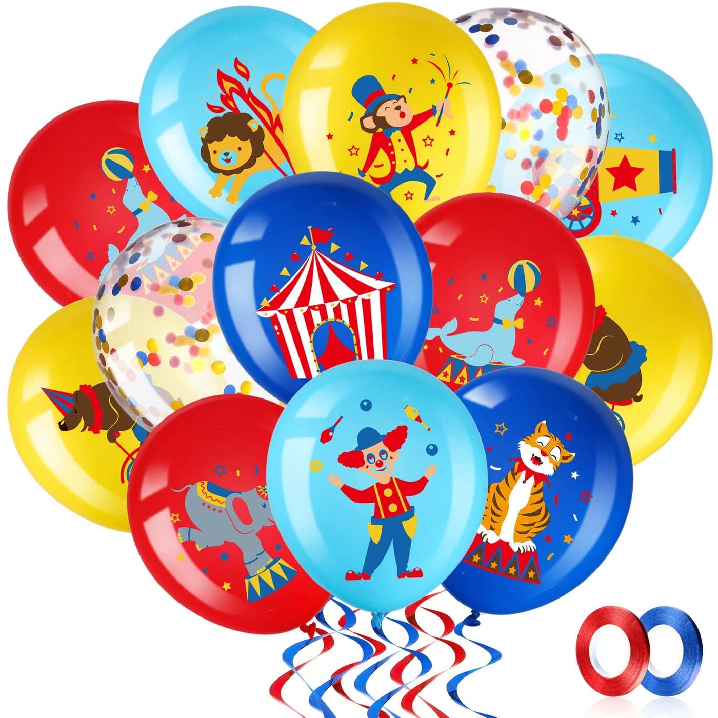 Suilung Carnival Theme Party Balloons, 60 Count, 12 inch Diameter, Blue & Red, Latex, Animal Design, for Birthday & Baby Shower, Children & Parents