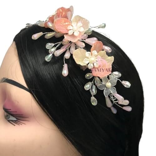 Samyak Pearl & Crystal Headbands Accessories For Women & Girls, Wedding Party Juda Bun Fashion For Bridal Hair Decoration Accessory (Pearl & Crystal, Peach)