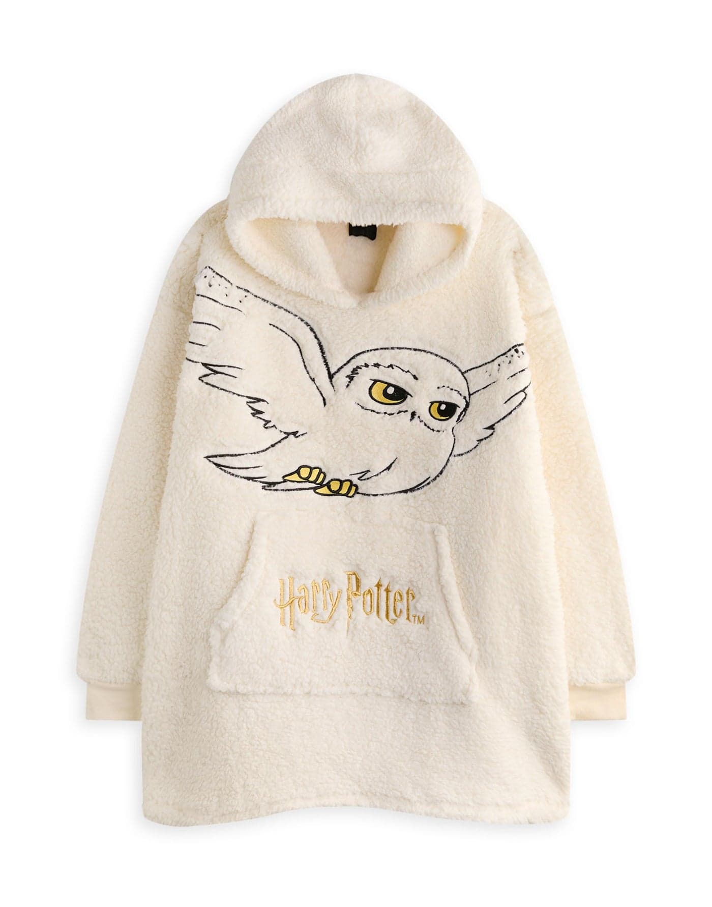 Harry Potter Women's Wearable Blanket Hoodie | Adults Beige Hooded Pullover with Hedwig Owl Character Embroidery | One Size Sherpa Lined Loungewear with Pockets