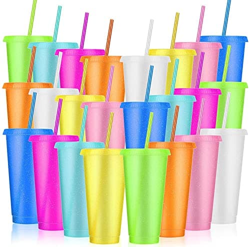 LEIFEOSH 24 Pack Plastic Tumblers with Lids and Straw Reusable Cups with Lids and Straws Colorful Cups for Cold Drink Iced Coffee Plastic Tumbler Bulk for Party Birthday Gifts 24 oz Light Colors