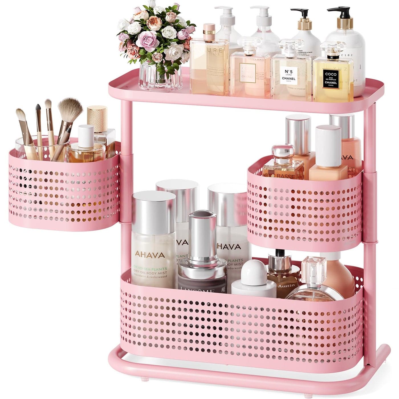 KINGRACK 3 Tier Bathroom Organizer Countertop MultiPurpose Makeup Organizer Rotating Desktop Skincare Organizer Vanity Tray Standing Rack for Bathroom Pink