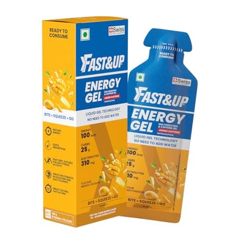 Fast&Up Energy Gel - Mango Passion Flavour (Caffeinated) - Pack of 6 Gel Sachets, 39g per Sachet - for Instant Energy Boost, Improved Endurance and Performance