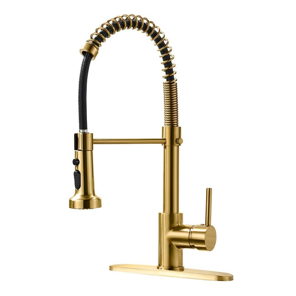 AIMADI Gold Kitchen Faucet with Pull Down SprayerCommercial Single Handle Brushed Gold Kitchen Sink Faucet with Deck Plate