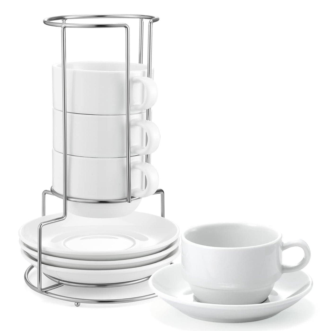 Yedio Porcelain 8 oz Coffee Cups with Saucers and Metal Stand Porcelain Stackable Cappuccino Cups with Metal Stand White Set of 4