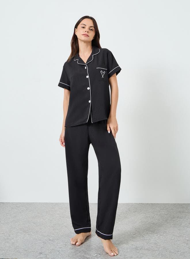 Black Heart Pocket Detail Shirt and Pyjama Set