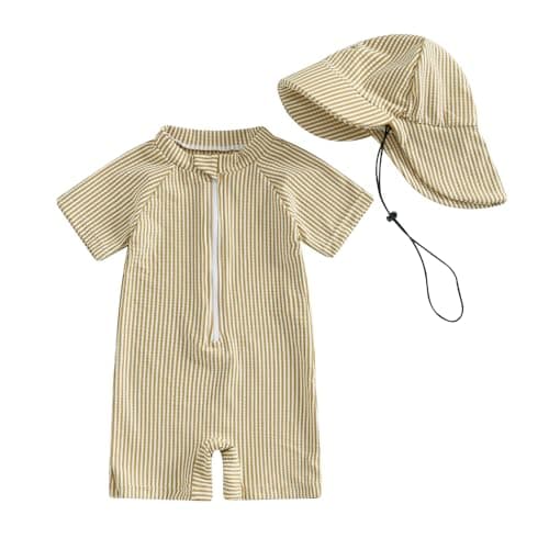 Nibbcoa Toddler Baby Boys Seersucker Short Sleeve One Piece Rash Guard Swimsuit Zipper Bathing Suit Swimwear with Hat (Khaki, 6-12 Months)